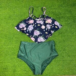 Womens Floral Two Piece Bathing Swimsuit Floral Flowy High Rise Bottoms Vacation